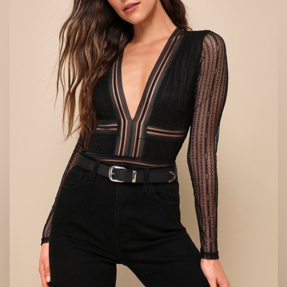 Lulus Black Sheer Lace Long Sleeve Bodysuit